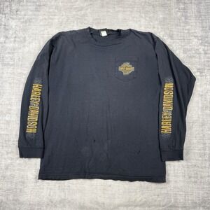 Harley Davidson Shirt Mens XL Blue Sleeve Graphic Pocket Grunge Double Sided